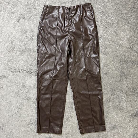 H&M Vegan Leather Pants Womens 10 Stretch Waist Chocolate Brown Straight Leg - Picture 1 of 9
